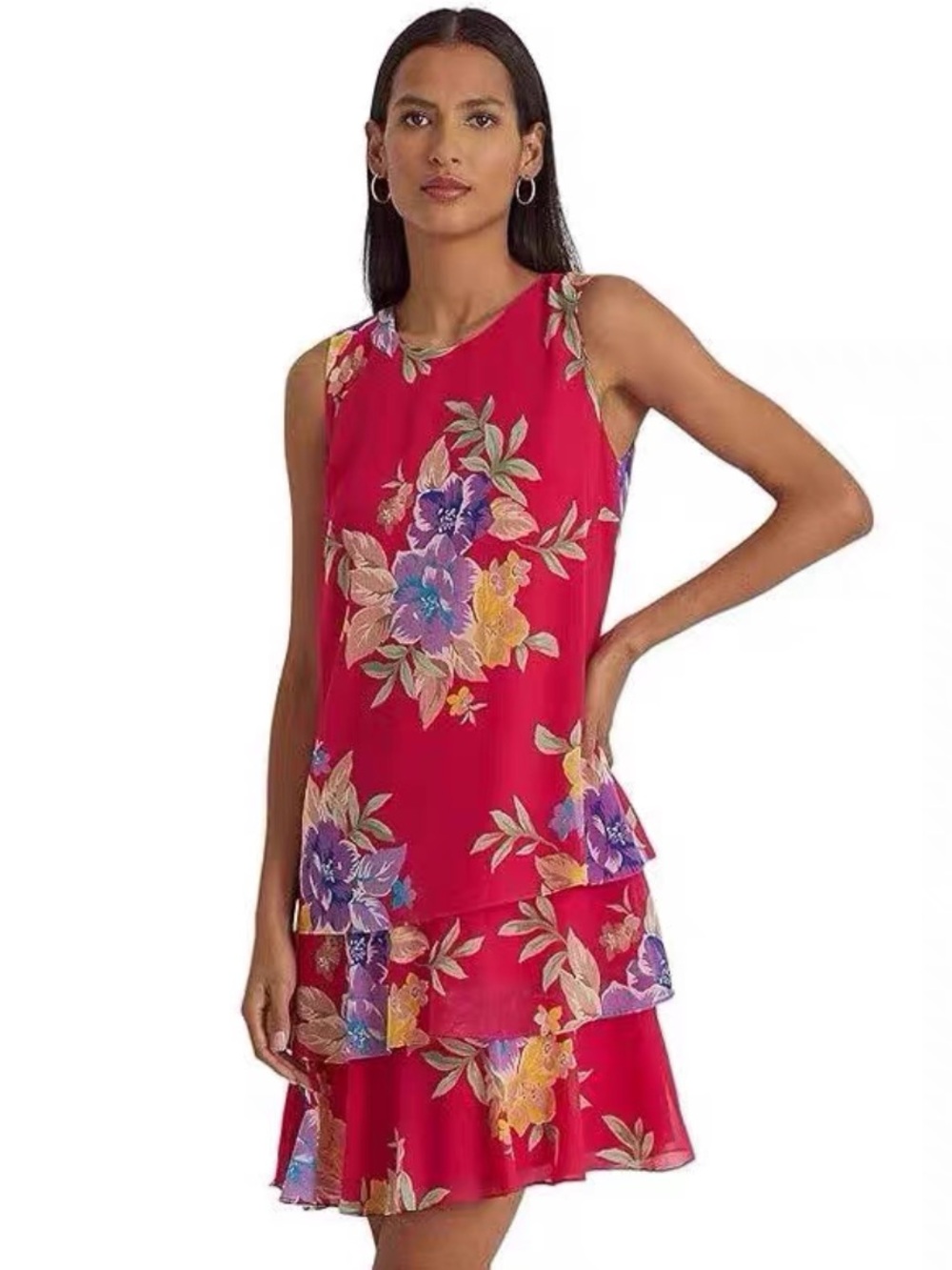 Lauren Ralph Lauren Sleeveless Floral Print Layer Bottom Midi Dress